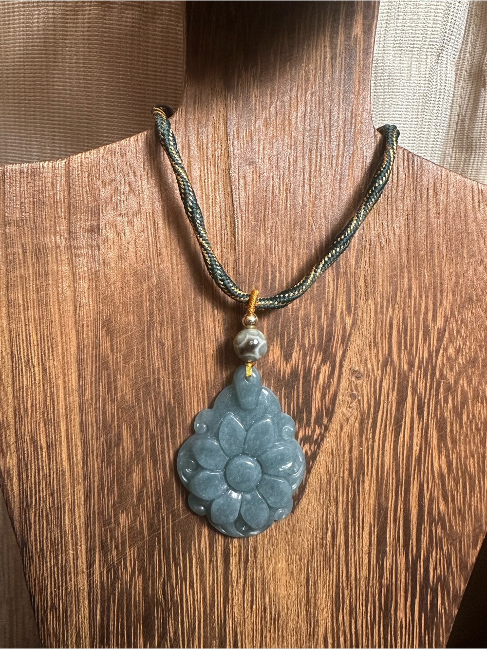Green Jade Flower Pendant Necklace with Ocean Jasper on Green and Gold Rope - Picture 2 of 11